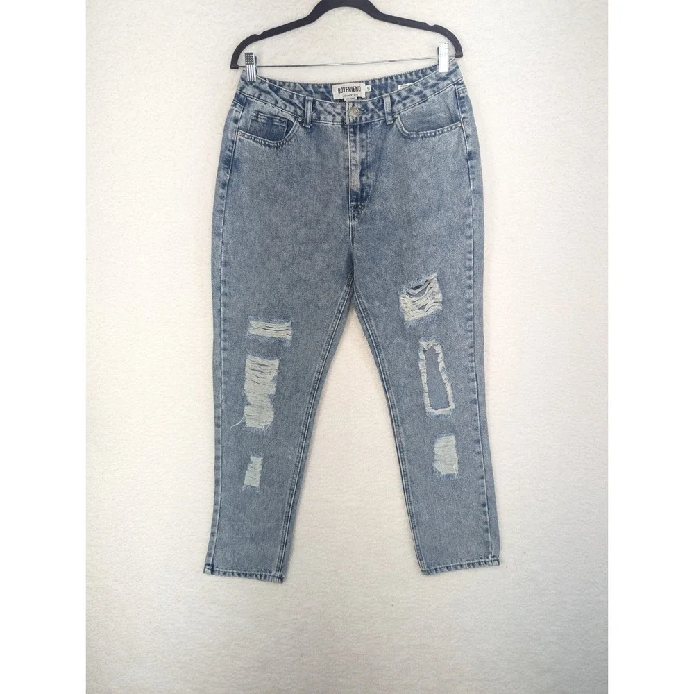 Women's Refuge‎ Denim Boyfriend Mid Rise Distressed Jean Marled Blue 9